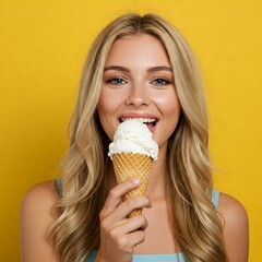 Smiling blonde woman eating ice cream on yellow background.