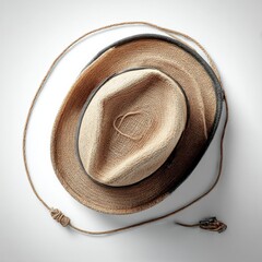 Authentic Cowboy Style: Detailed Top View of Straw Hat and Lasso on a Clean White Backdrop