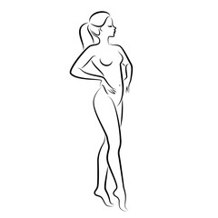 Silhouette of a nice lady, she is standing. The girl has a beautiful naked figure. The woman is a young sexy and slender model. Vector illustration