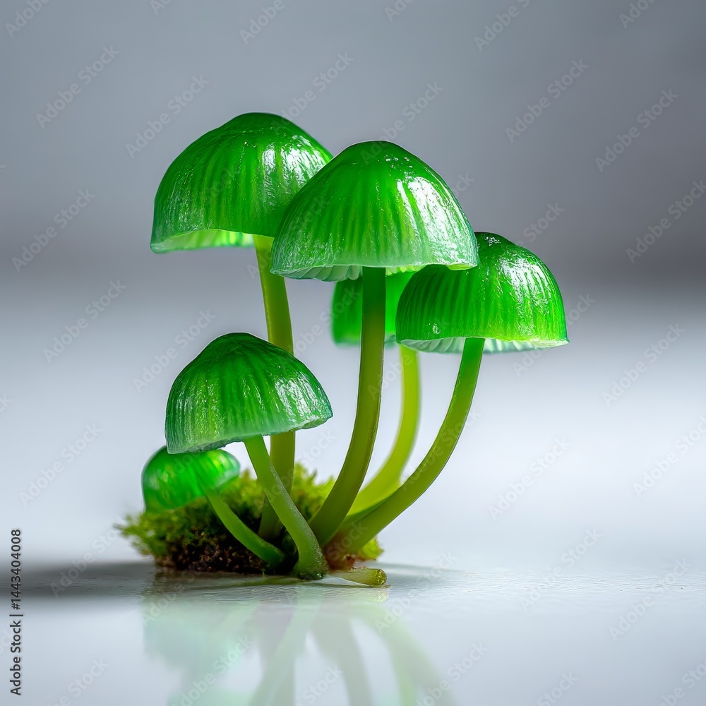 Poster Emerald Canopy: A Cluster of Green Mycena Mushrooms Illuminated in Delicate Light and Reflected on a Glossy Surface