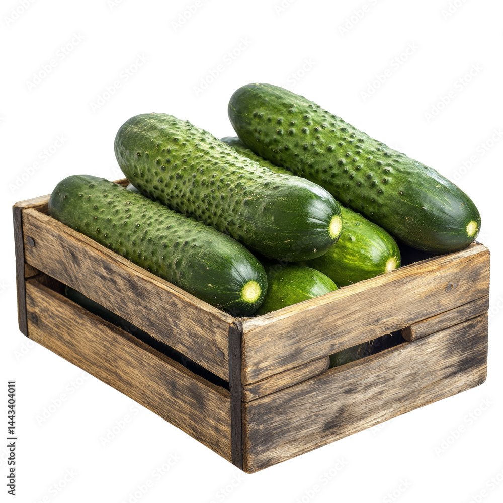 Poster rustic wooden crate overflowing with fresh, ripe cucumbers against a simple backdrop, a symbol of su