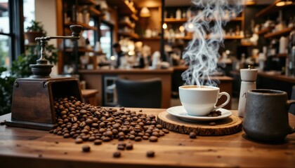 A steaming cup of coffee sits on a wooden table in a cozy cafe, surrounded by coffee beans and a grinder, creating a warm, inviting atmosphere.