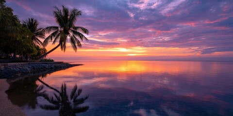 Obraz premium Serene sunset over calm water with palm trees