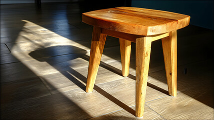 Sunlit Rustic Wooden Stool on Hardwood Floor.  A charming handcrafted stool basks in the warm glow of sunlight, casting a dramatic shadow on the rich wood flooring.