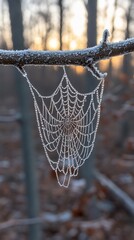 Frozen spiderweb in winter forest.  Frosted web hangs from branch, sunlit