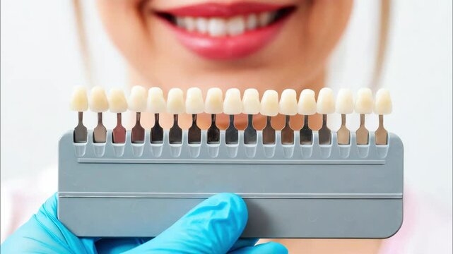 Tooth shade selection guide held by gloved hand in front of smiling patient for dental clinic advertisement, cosmetic dentistry services or teeth whitening campaign