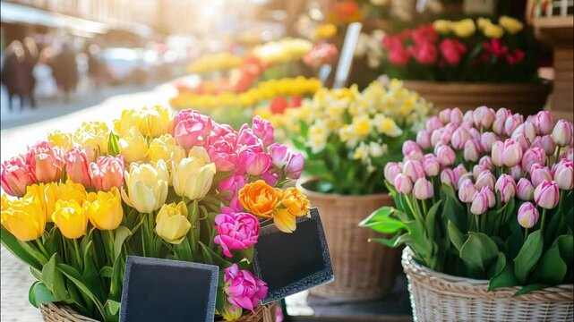 Vibrant tulip bouquets in wicker baskets outside flower shop for storefront advertising, e-commerce banner or spring promotion, sunlit street scene with chalkboard labels