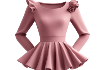 Elegant blush pink dress with ruffled shoulders and flared skirt 3D render on black background on transparent background