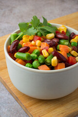 Mexican vegetable mix in a bowl. Vegetable assortment. Close up.