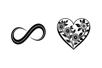 Infinity Symbol And Heart With Floral Design Black Silhouette On White