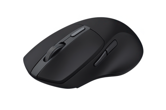 Ergonomic wireless computer mouse for gaming and office use black on transparent background