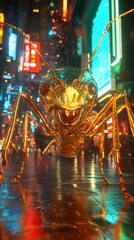 Giant golden cyborg ant stares at the viewer in a glowing city