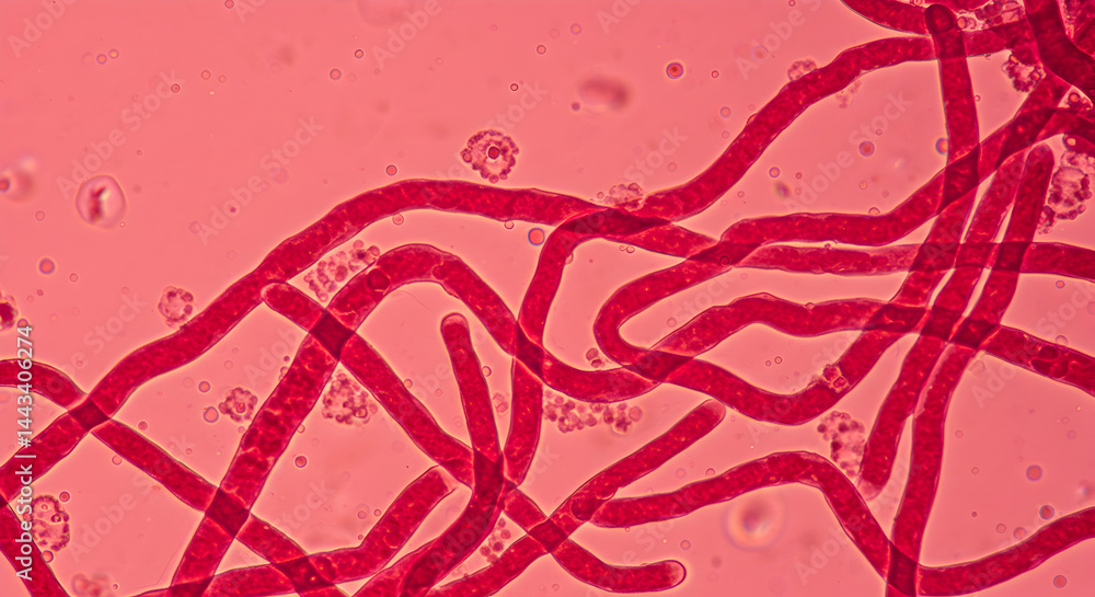 Poster microscopic view of elongated red cells and biological structures in a transparent field