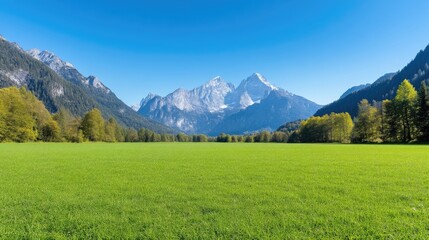 Fototapeta premium Alpine Meadow Snow-capped Mountains Vibrant Landscape High-resolution Vivid Colors Wide Landscape View Lush Green Grass Tranquil Serenity Breathtaking Scenery Ideal for Travel Brochures