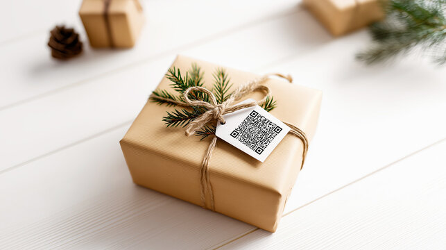 Christmas gift box featuring QR code tag, fir twig, nestled among presents on white wooden surface, minimalist holiday gifting concept