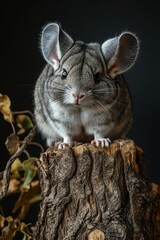 A cute chinchilla perched on a wooden stump, showcasing its soft gray fur and large ears.