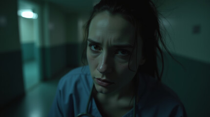 A female doctor in blue uniform with a stethoscope around her neck stands in a gloomy hospital corridor