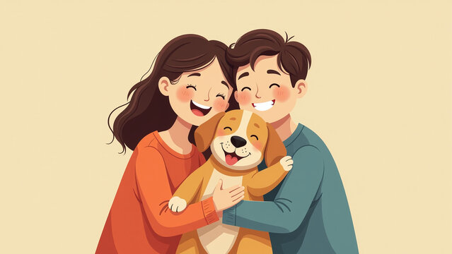 family members including dog hug smile together happily big happy family portrait cartoon vector illustration style