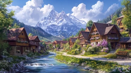 Fototapeta premium Alpine village nestled beneath snowcapped mountains