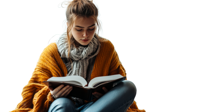 Woman reads while sitting, isolated, cut out transparent