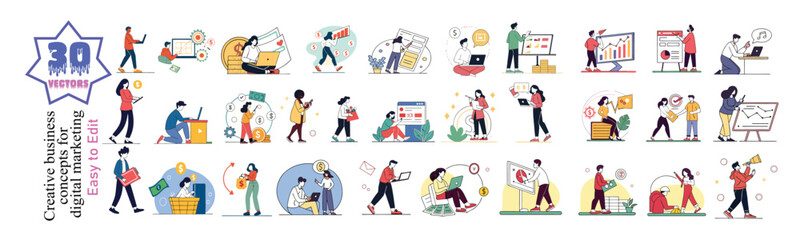 Affiliate Marketing Business services concept illustrations. Set of people vector illustrations in various activities of affiliate marketing programs, make money with affiliate marketing, best affilia