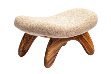 Elegant Modernist Stool Plush Beige Upholstery on Rich Dark Wood Legs against Black on transparent background