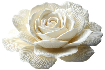 Elegant off white ceramic rose intricately sculpted petals detailed texture isolated on black on transparent background