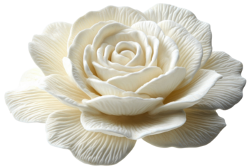 Elegant off white ceramic rose intricately sculpted petals detailed texture isolated on black on transparent background