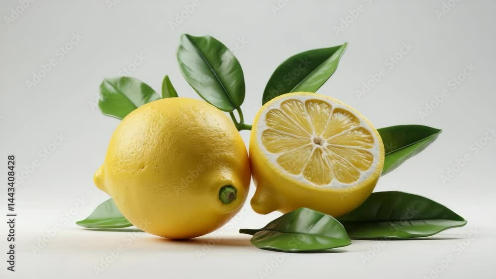Poster lemon isolate set against a white backdrop. whole and halved lemon with leaves shown from the side.