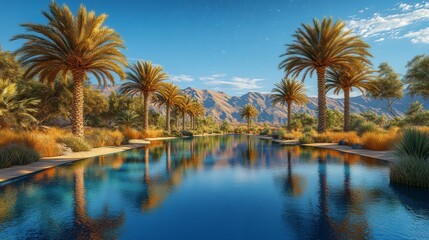 Obraz premium Palm-lined oasis reflecting desert mountains.