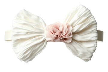 Elegant off white pleated silk bow headband with blush pink flower detail isolated on black on transparent background