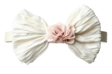 Elegant off white pleated silk bow headband with blush pink flower detail isolated on black on transparent background