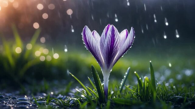 White-purple crocus blooming with trails in the background