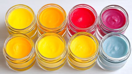 Jars of vibrant, colorful creams, yellow to blue, in an overhead view