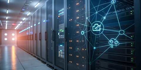 Data center server room with networking and cloud computing technology concept