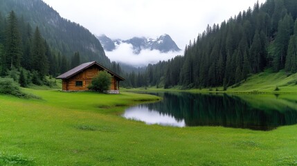 Fototapeta premium Tranquil mountain chalet by a serene lake