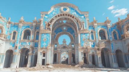 Obraz premium Ruined grand palace facade, pastel colors, ornate detail