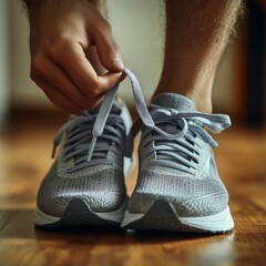 Close-up of a male's hand tying shoelaces on gray athletic shoes indoors, showcasing focus and readiness.