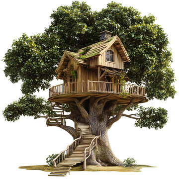 Whimsical wooden treehouse with winding staircase nestled in lush green foliage, fantasy architecture concept for childhood dreams and imaginative play