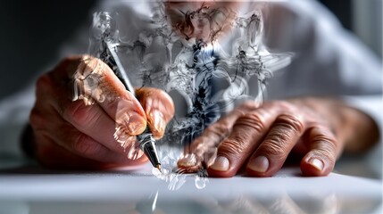 Obraz premium Hands writing with smoky figures overlay on paper. Concept of ideas