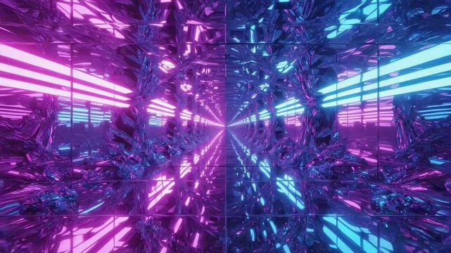 Endless flight futuristic corridor liquid silver metal, constantly shifting flowing like mercury, embedded neon blue pink lights flickering glitching, cinematic lighting, surreal atmosphere