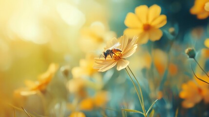 Naklejka premium Honeybee on a vibrant yellow flower, bathed in sunlight. A field of blooming flowers in soft, pastel colors