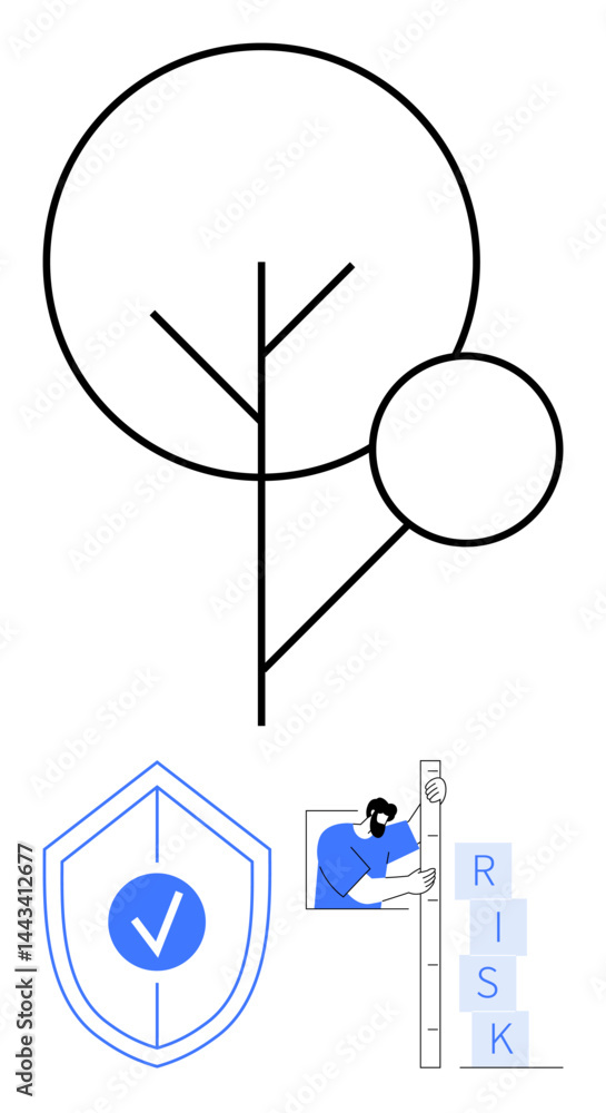 Aufkleber abstract tree design with geometric shapes, shield with checkmark, man reviewing checklist, and stac