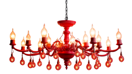 Elegant red chandelier with glowing bulbs