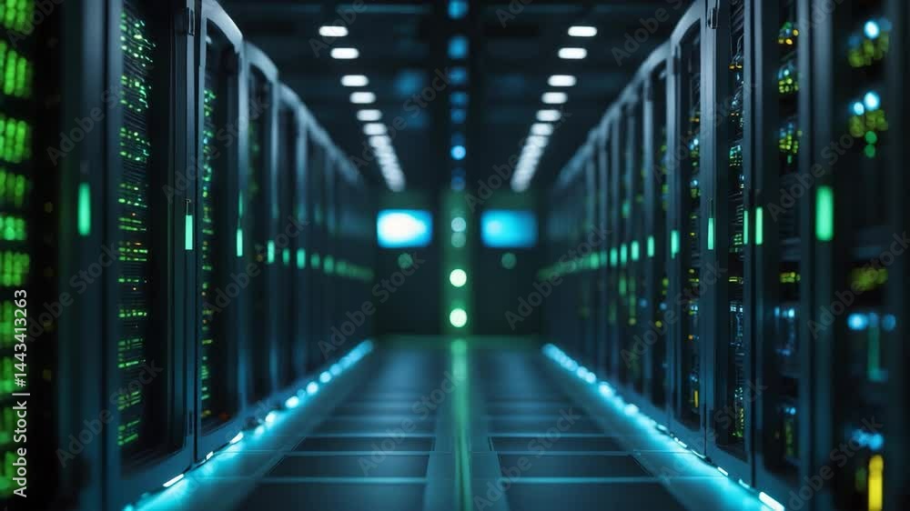 Poster hosting platform for provider: modern data center with server racks in a dark room for it infrastruc
