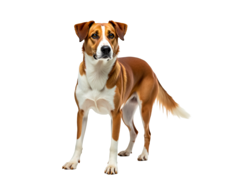 Elegant portrait of a brown and white farm dog, showcasing its refined breed characteristics and poise, reflecting the dignity and charm of a canine companion