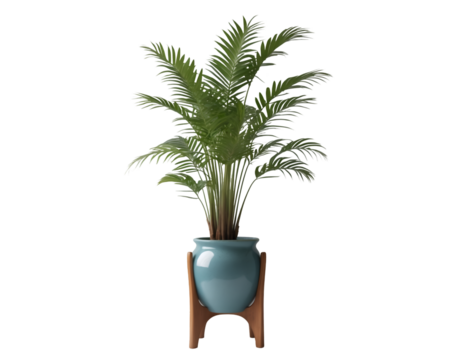 Elegant potted areca palm in blue ceramic stand, a serene addition to interior decor, promoting well being and enhancing aesthetic appeal with vibrant greenery