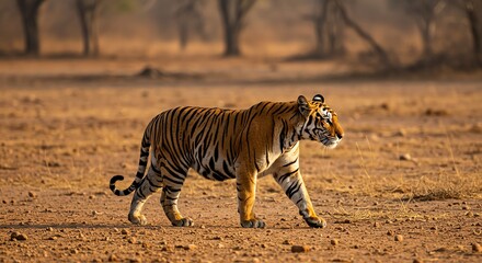 Fototapeta premium Tiger Walking Through Dry Grassland Habitat