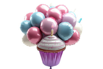 Festive Cupcake Balloon Bouquet Birthday Celebration with pastel pink blue and white balloons on transparent background