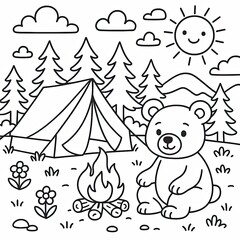 Cute Bear by Campfire at Sunny Forest Camping Illustration